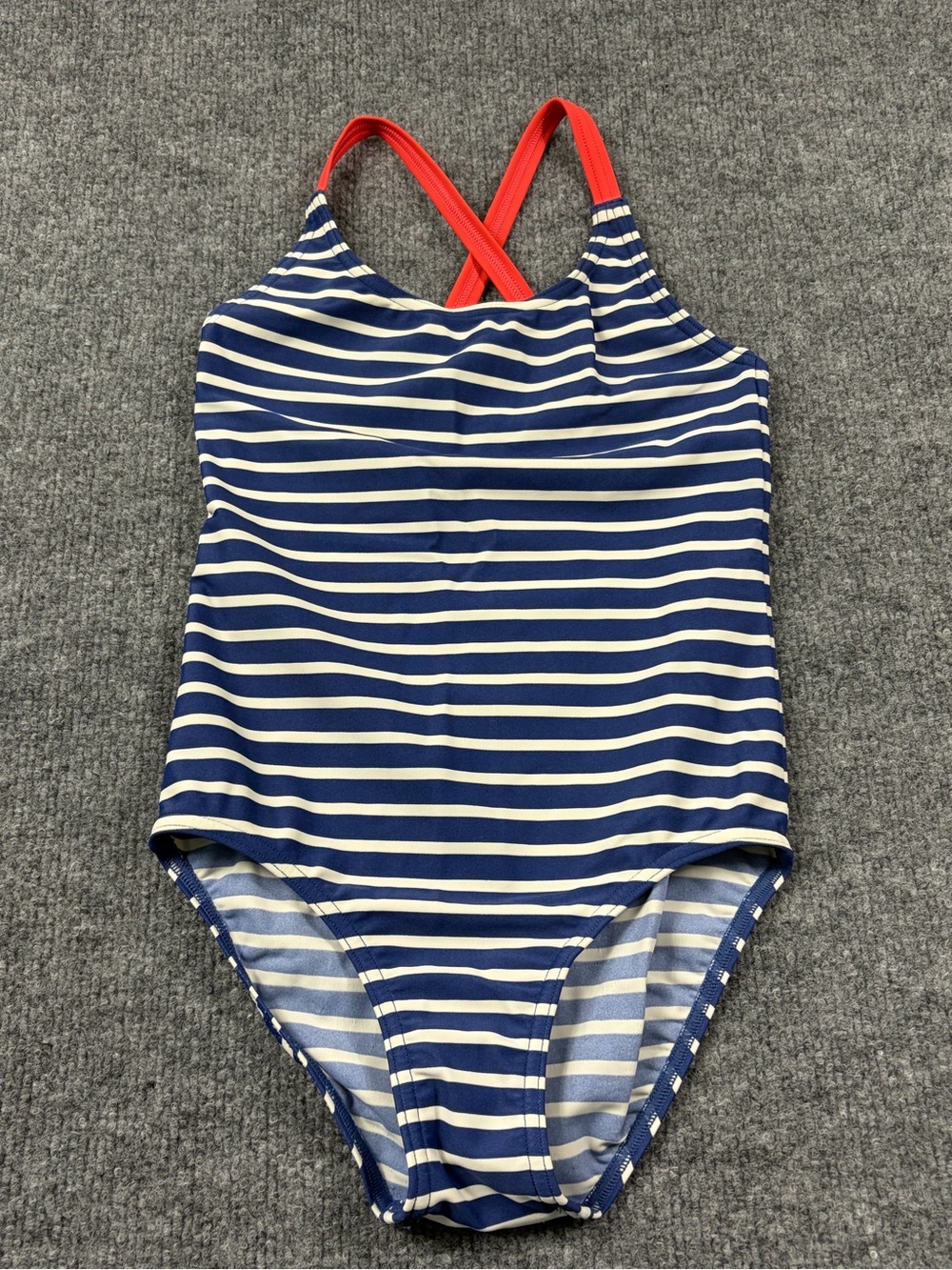 Mini Boden Kids Navy & White Stripe One-Piece Swimsuit | Hot Pink Straps Sz 7y-8